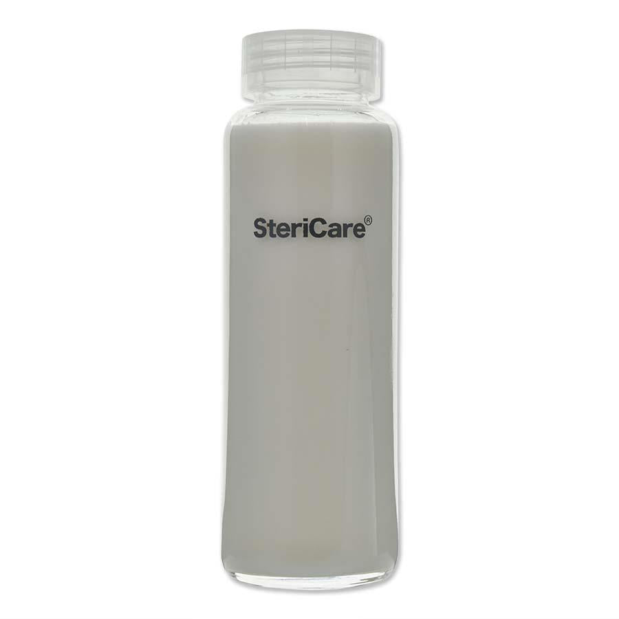 A clear glass baby bottle with the SteriCare brand logo printed on the front.