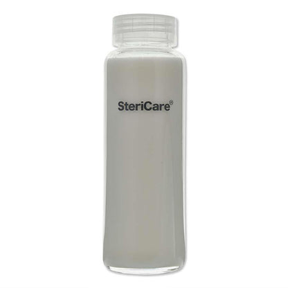 A clear glass baby bottle with the SteriCare brand logo printed on the front.